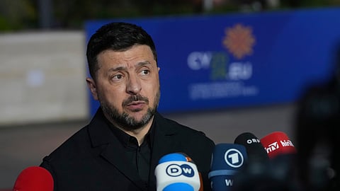 Ukraine's President Volodymyr Zelenskyy makes statements as he arrives for the EU Summit in Ayia Napa, Cyprus, Thursday, April 23, 2026