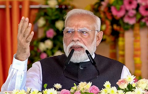 Prime Minister Narendra Modi addresses the gathering during the inauguration of Ganga Expressway, a mega infrastructure project connecting Meerut to Prayagraj, in Hardoi, Uttar Pradesh.