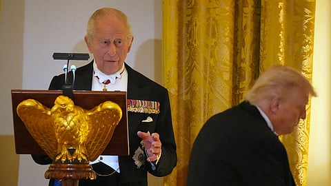 Britain's King Charles III speaks during a State Dinner with US President Donald Trump, first lady Melania Trump and Queen Camilla in the East Room of the White House on Tuesday, April 28, 2026, in Washington.