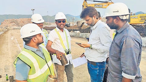 A team from the Central Soil and Materials Research Station (CSMRS) conducts extensive quality tests at the Polavaram Project on Tuesday.