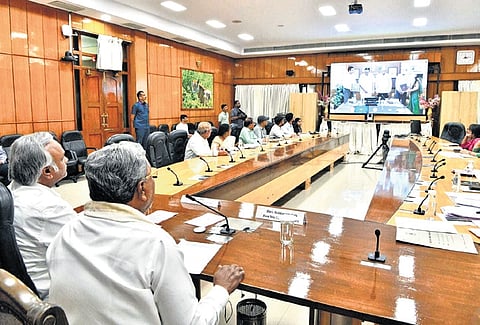 Chief Minister Siddaramaiah at a video conference with Union Jal Shakti Minister CR Patil on Wednesday | Express