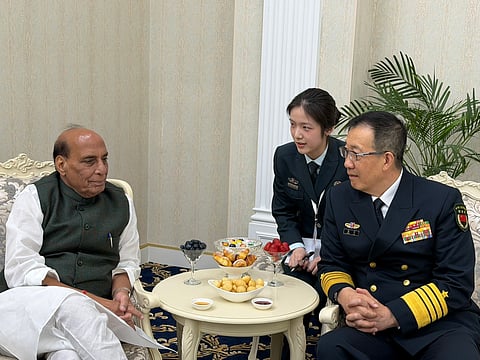 Defence Minister Rajnath Singh meets with Defence Minister of China Admiral Dong Jun during the SCO Defence Ministers’ Meeting in Bishkek.