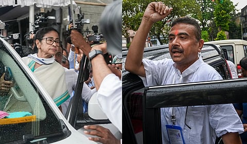 West Bengal Chief Minister Mamata Banerjee (L) and Leader of Opposition Suvendu Adhikari landed at the same polling booth area in Bhabanipur’s Chakraberia.