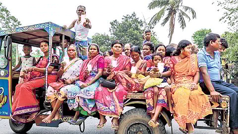 Voters arrive to cast votes at a polling booth during the West Bengal Assembly elections in the Purba Bardhaman district on Wednesday, April 29, 2026. 