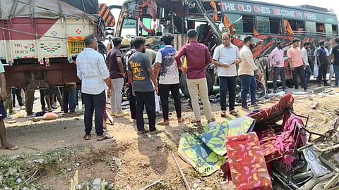 A tourist bus ferrying about 47 students of a Kuvempu University College in Shivamogga district rammed into two trucks on Panvel-Kanniyakumari NH 66 on April 29, off Trasi Beach in Udupi district.