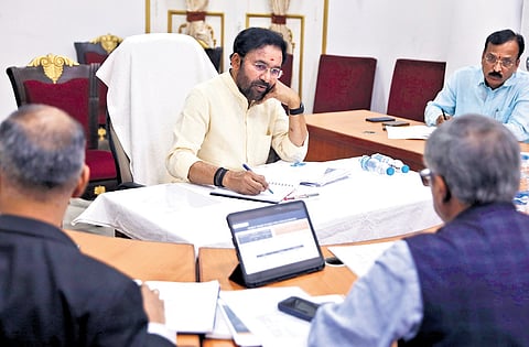 Union Minister G Kishan Reddy holds a review meeting with representatives of 
oil marketing companies in Hyderabad on Wednesday.