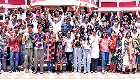 Students celebrating at Christ Nagar Central School at Kowdiar after the ICSE, ISC examinations results were announced on Thursday  | Express 