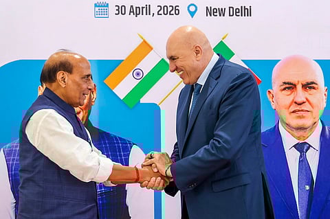 Defence Minister Rajnath Singh with his Italian counterpart Guido Crosetto during the India-Italy Defence Ministers' Bilateral Dialogue, in New Delhi.