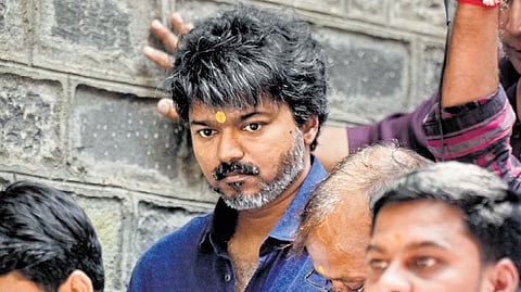 TVK president Vijay during a visit to the Saibaba temple at Shirdi in Ahilyanagar, Maharashtra, on Wednesday.