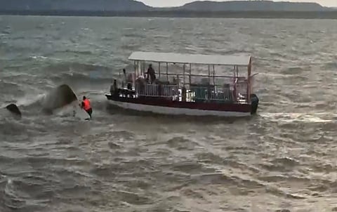 A cruise boat with at least 30 passengers overturns in the Bargi river, in Jabalpur district, Madhya Pradesh, Thursday, April 30, 2026. 