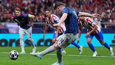 Arsenal's Viktor Gyokeres scores from a penalty shot during a Champions League semifinal, first leg, soccer match between Atletico Madrid and Arsenal in Madrid, Spain, Wednesday, April 29, 2026. 