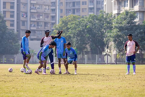 Head coach Bibiano Fernandes with India U17 players during a training session