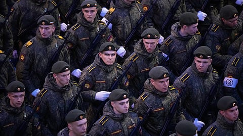 Russian servicemen stand in a formation prior to the Victory Day military parade rehearsal in Moscow, Wednesday, April 29, 2026.