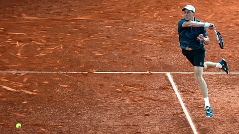 Jannik Sinner of Italy returns the ball to Rafael Jodar of Spain during the Madrid Open tennis tournament in Madrid, Wednesday, April 29, 2026.