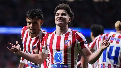 Atletico Madrid's Julian Alvarez celebrates after scoring his sides first goal during a Champions League semifinal, first leg, soccer match between Atletico Madrid and Arsenal in Madrid, Spain, Wednesday, April 29, 2026. 