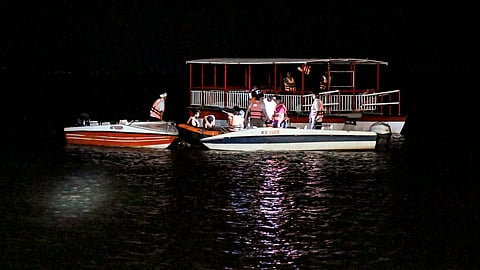  Rescue operation underway after a cruise boat carrying 29 passengers overturned in the Bargi dam reservoir due to a sudden storm, in Jabalpur district, Madhya Pradesh, Thursday, April 30, 2026.