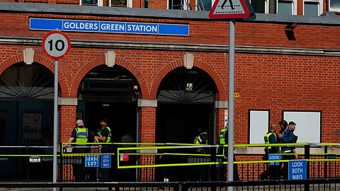 Police on duty outside Golders Green tube station in London, Thursday, April 30, 2026, near the scene where two people were recently stabbed in the Golders Green neighbourhood, that has a large Jewish community.