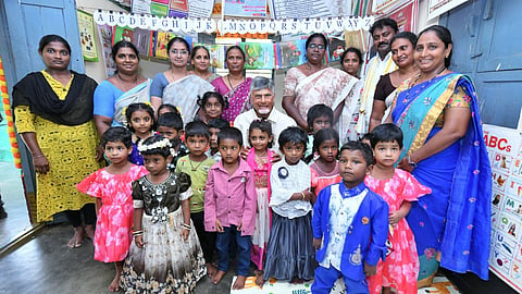 CM Nara Chandrababu Naidu during Pedala Sevalo programme at Pamidimukkala of Pamarru constituency and visits anganwadi centre.