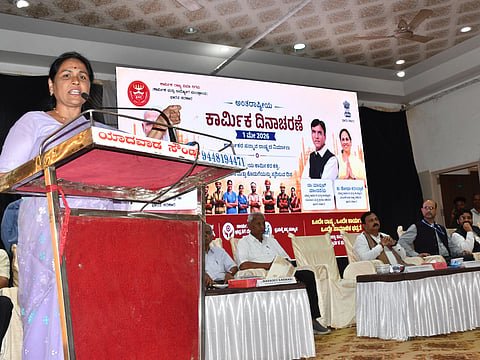 Union Minister of State for Labour Shobha Karandlaje speaks at a Labour Day celebration programme in Hubballi 