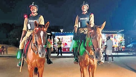 Mounted police units patrolling Shankhumukham beach