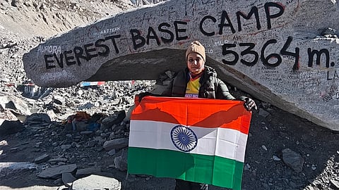 Priyanka Agarwal displays the Tricolour at Mount Everest Base Camp