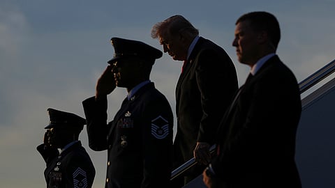 US President Donald Trump arrives on Air Force One at Palm Beach International Airport in West Palm Beach, Fla., Friday, May 1, 2026.