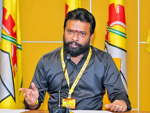 Minister of labour Vasamsetti Subhash addressing the media on Saturday. Express